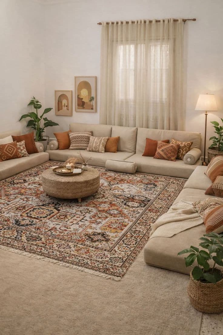 A boho-styled majlis layered with textiles and woven detail