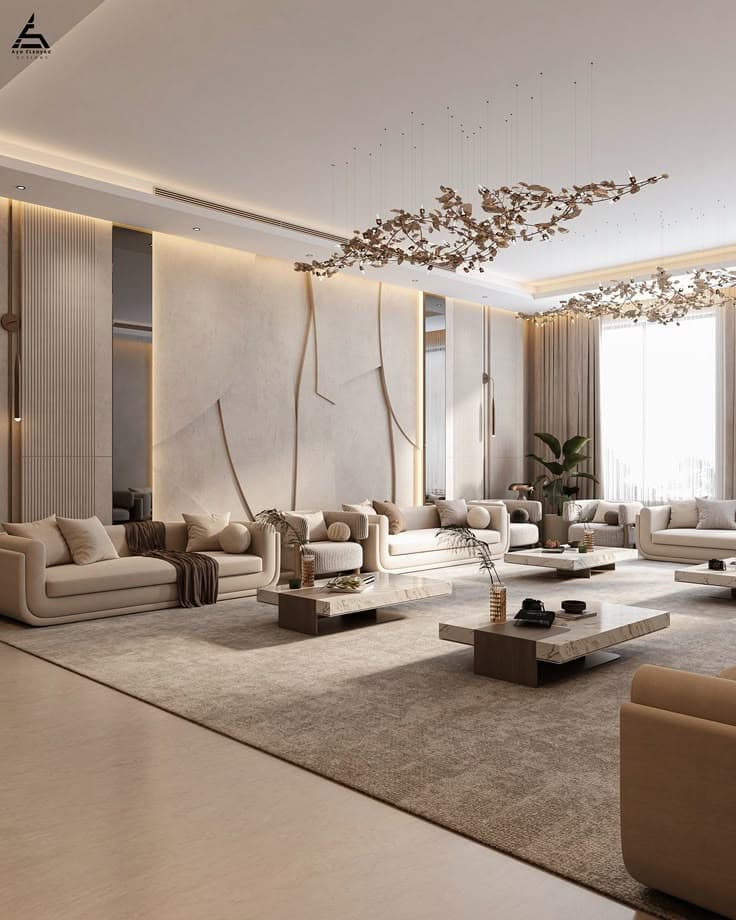 A modern majlis with low seating and warm natural tones