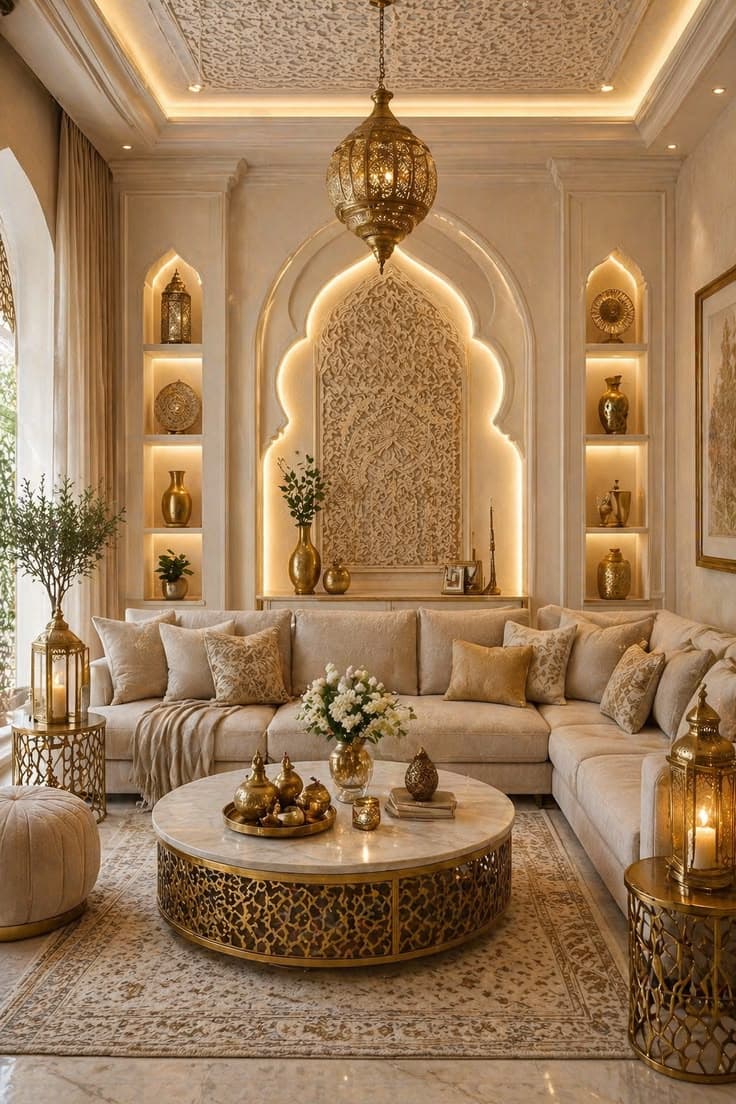 A luxurious Arabian majlis with gold detailing and arched alcoves