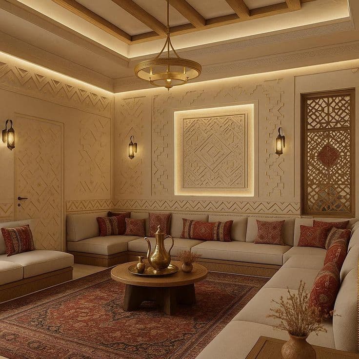 A traditional Arabian majlis with hand-carved geometric wall panels